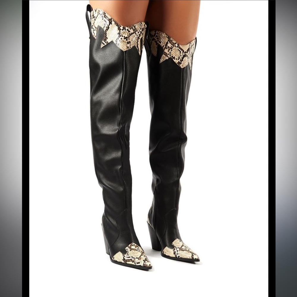 Lasso Black Western BlockHeeled Knee High Boot With Mock Croc